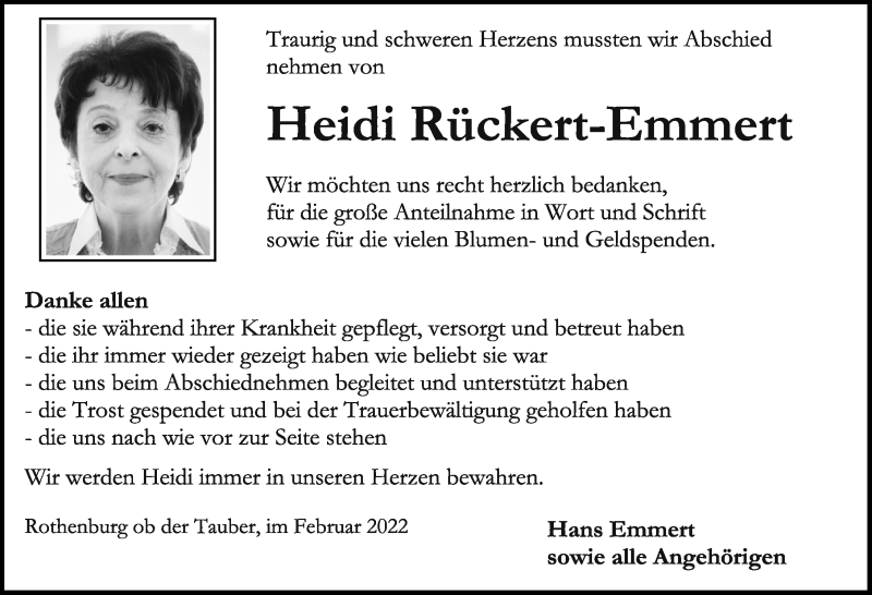  Traueranzeige für Heidi Rückert-Emmert vom 25.02.2022 aus Neustadt/ Scheinfeld/ Uffenheim