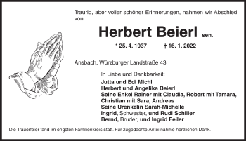 Traueranzeige von Herbert Beierl von Ansbach