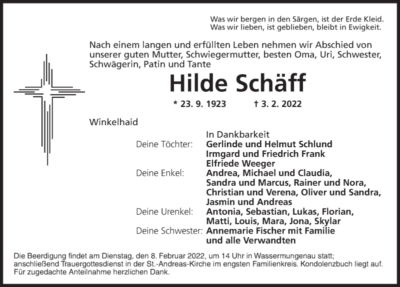  Traueranzeige für Hilde Schäff vom 07.02.2022 aus Ansbach