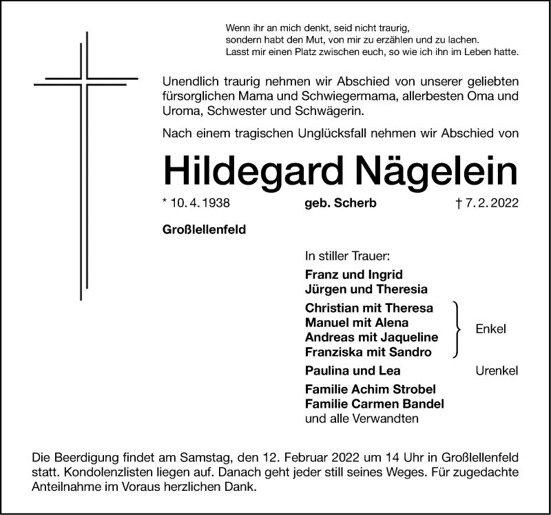  Traueranzeige für Hildegard Nägelein vom 10.02.2022 aus Dinkelsbühl/ Feuchtwangen