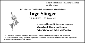 Traueranzeige von Inge Sänger von Rothenburg