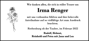 Traueranzeige von Irma Renger von Rothenburg