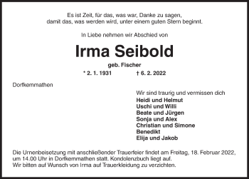 Traueranzeige von Irma Seibold von Dinkelsbühl/ Feuchtwangen