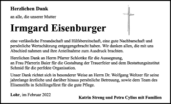 Traueranzeige von Irmgard Eisenburger von Rothenburg