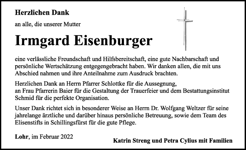  Traueranzeige für Irmgard Eisenburger vom 05.02.2022 aus Rothenburg