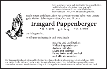 Traueranzeige von Irmgard Pappenberger von Ansbach