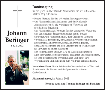 Traueranzeige von Johann Beringer von Neustadt/ Scheinfeld/ Uffenheim