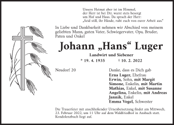 Traueranzeige von Johann Luger von Ansbach