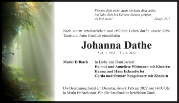 Traueranzeige von Johanna Dathe von Neustadt/ Scheinfeld/ Uffenheim