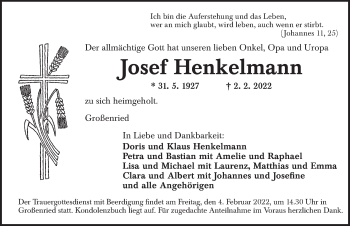 Traueranzeige von Josef Henkelmann von Ansbach