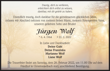 Traueranzeige von Jürgen Wolf von Neustadt/ Scheinfeld/ Uffenheim