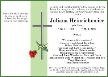 Traueranzeige von Juliana Heinrichmeier von Ansbach