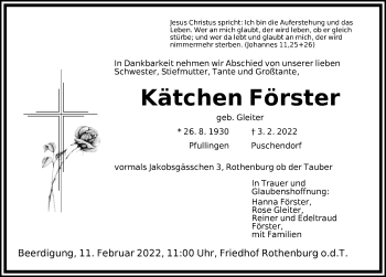 Traueranzeige von Kätchen Förster von Rothenburg