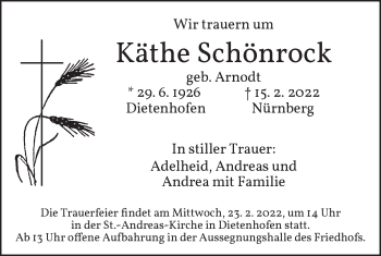 Traueranzeige von Käthe Schönrock von Ansbach