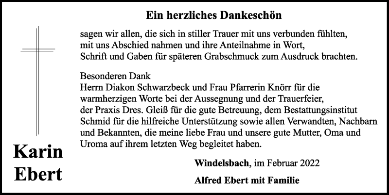  Traueranzeige für Karin Ebert vom 19.02.2022 aus Rothenburg