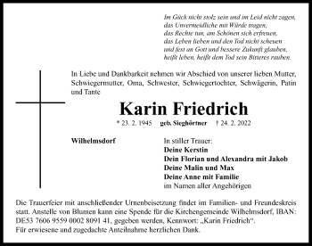 Traueranzeige von Karin Friedrich von Neustadt/ Scheinfeld/ Uffenheim