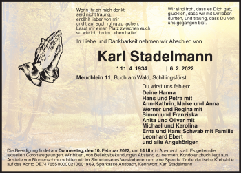 Traueranzeige von Karl Stadelmann von GE