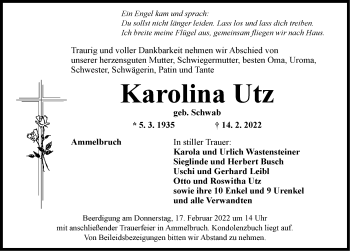 Traueranzeige von Karolina Utz von Dinkelsbühl/ Feuchtwangen