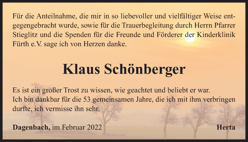  Traueranzeige für Klaus Schönberger vom 12.02.2022 aus Neustadt/ Scheinfeld/ Uffenheim
