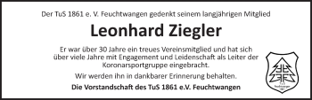 Traueranzeige von Leonhard Ziegler von Dinkelsbühl/ Feuchtwangen