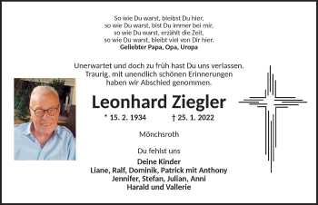 Traueranzeige von Leonhard Ziegler von Dinkelsbühl/ Feuchtwangen