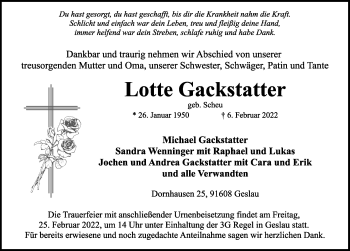 Traueranzeige von Lotte Gackstatter von Rothenburg