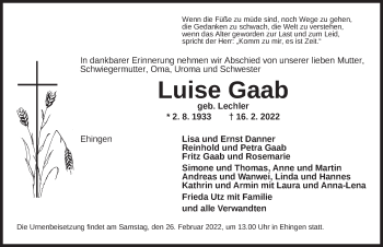 Traueranzeige von Luise Gaab von Dinkelsbühl/ Feuchtwangen