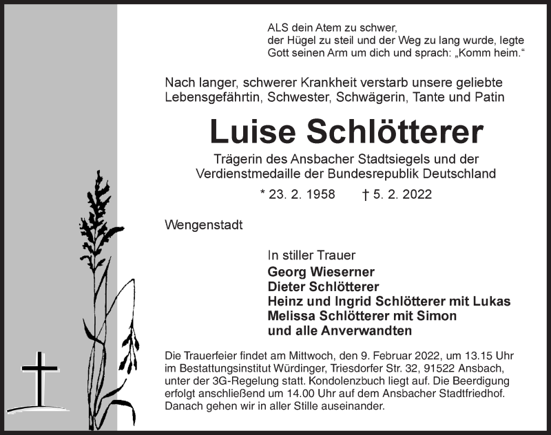  Traueranzeige für Luise Schlötterer vom 08.02.2022 aus GE