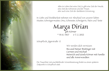 Traueranzeige von Marga Dirian von Dinkelsbühl/ Feuchtwangen