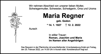 Traueranzeige von Maria Regner von Ansbach