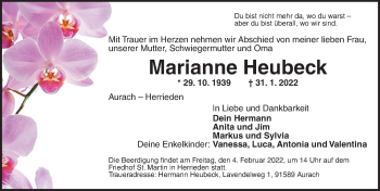 Traueranzeige von Marianne Heubeck von Ansbach