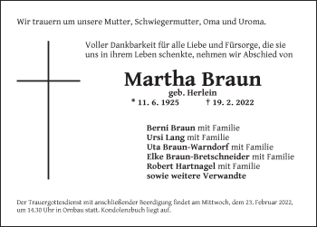 Traueranzeige von Martha Braun von Ansbach