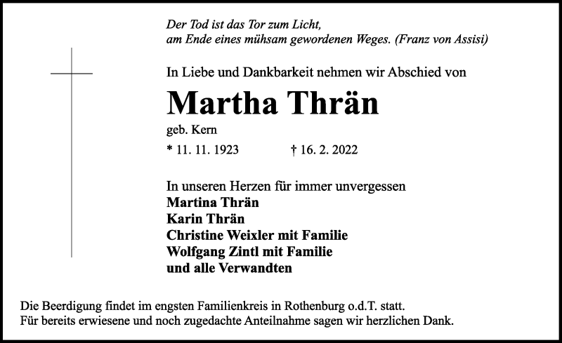  Traueranzeige für Martha Thrän vom 22.02.2022 aus Rothenburg