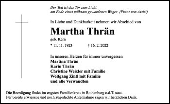 Traueranzeige von Martha Thrän von Rothenburg