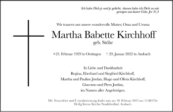 Traueranzeige von Martha Babette Kirchhoff von Ansbach