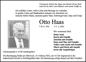 Traueranzeige von Otto Haas von Rothenburg