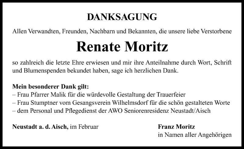  Traueranzeige für Renate Moritz vom 12.02.2022 aus Neustadt/ Scheinfeld/ Uffenheim