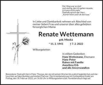 Traueranzeige von Renate Wettemann von Dinkelsbühl/ Feuchtwangen