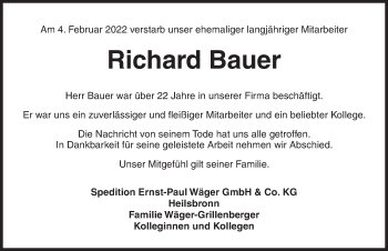 Traueranzeige von Richard Bauer von Ansbach