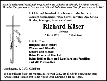 Traueranzeige von Richard Käser von Ansbach