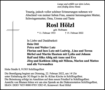 Traueranzeige von Rosl Hölzl von Rothenburg