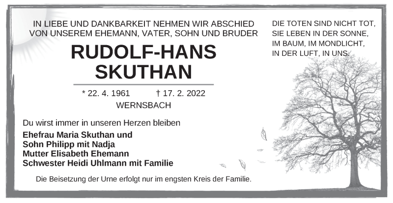  Traueranzeige für Rudolf-Hans Skuthan vom 28.02.2022 aus Ansbach