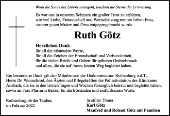 Traueranzeige von Ruth Götz von Rothenburg