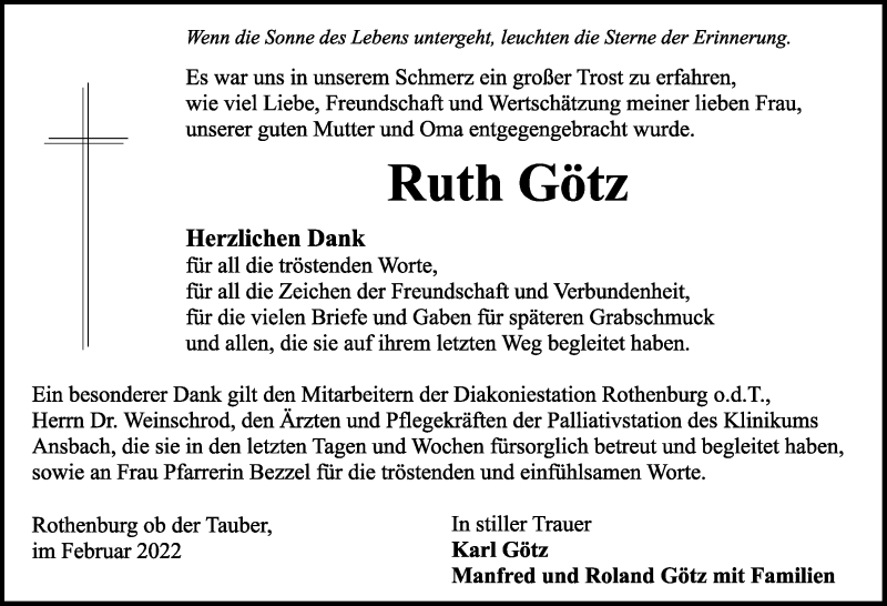 Traueranzeige für Ruth Götz vom 12.02.2022 aus Rothenburg