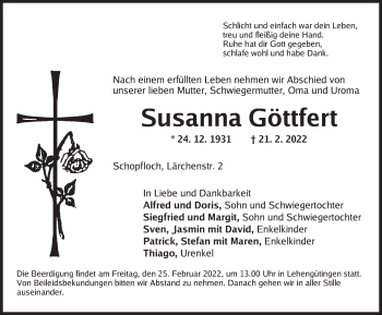 Traueranzeige von Susanna Göttfert von Dinkelsbühl/ Feuchtwangen