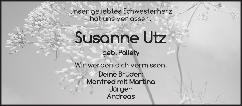  Traueranzeige für Susanne Utz vom 04.02.2022 aus Dinkelsbühl/ Feuchtwangen