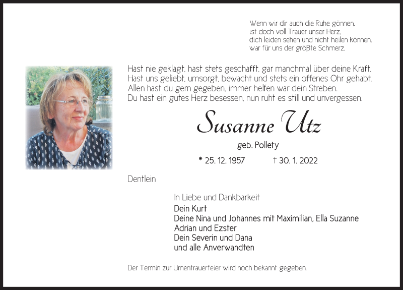  Traueranzeige für Susanne Utz vom 02.02.2022 aus Dinkelsbühl/ Feuchtwangen