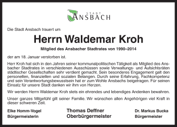 Traueranzeige von Waldemar Kroh von Ansbach