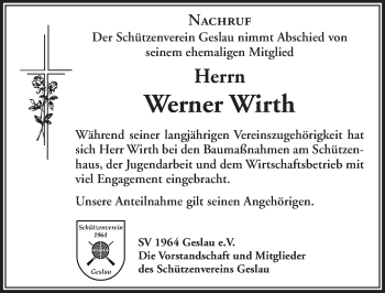 Traueranzeige von Werner Wirth von Rothenburg