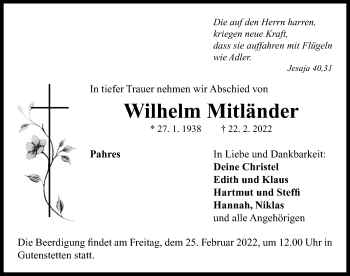 Traueranzeige von Wilhelm Mitländer von Neustadt/ Scheinfeld/ Uffenheim